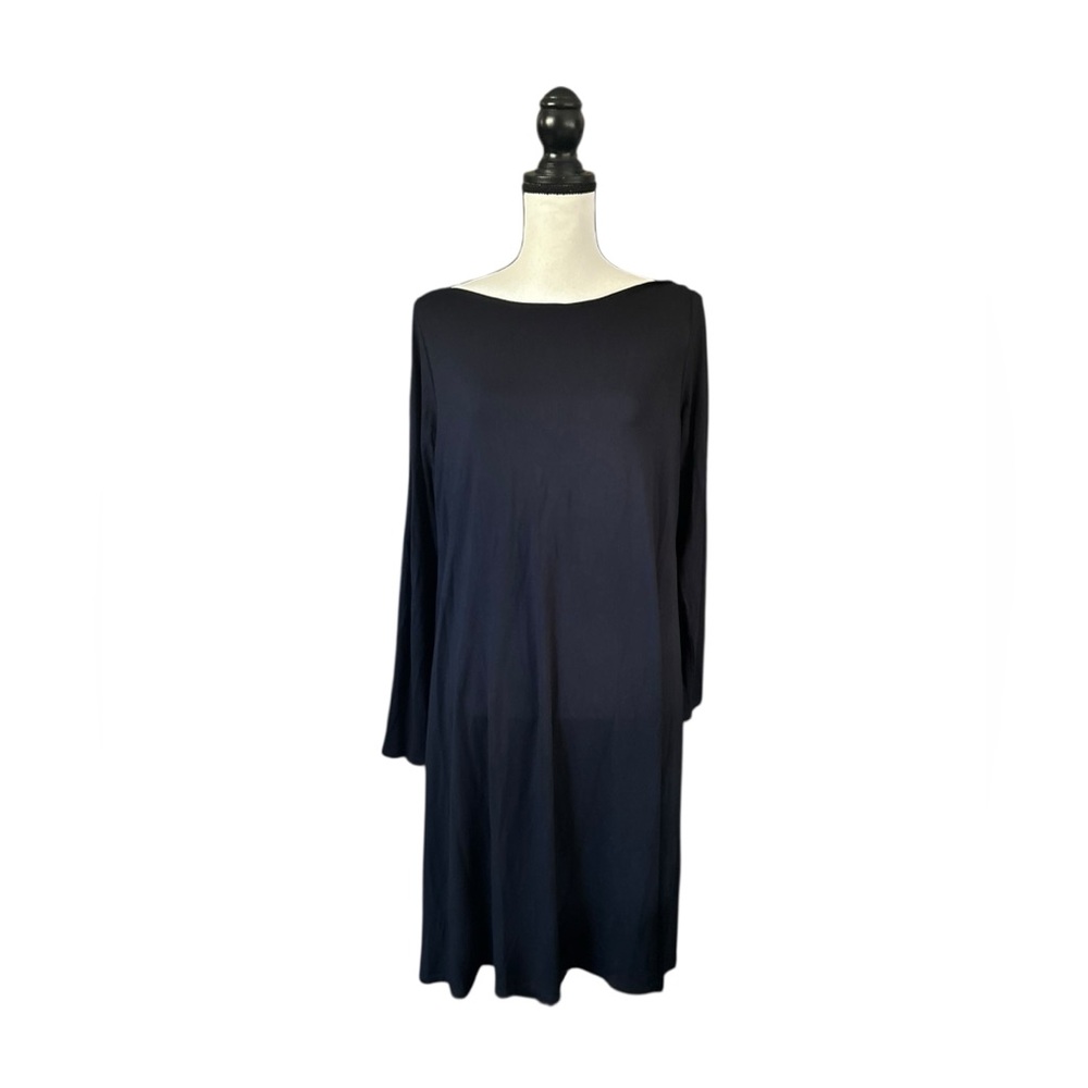 Eileen Fisher Bateau Neck Long Sleeve Dress Black Jersey Knit Minimalist Fall L